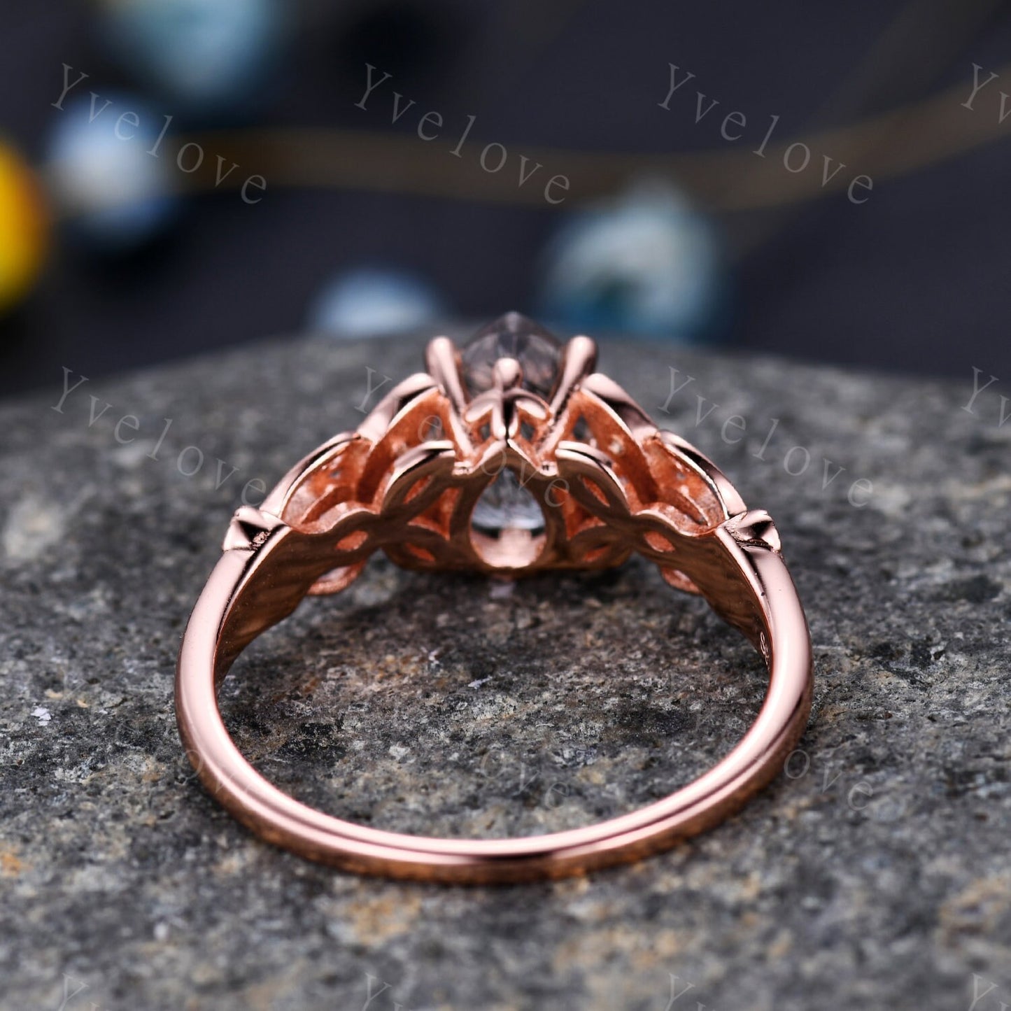 Pear cut black quartz rutilated  engagement Ring diamond ring rose gold wedding ring floral design wedding band milgrain women promise ring