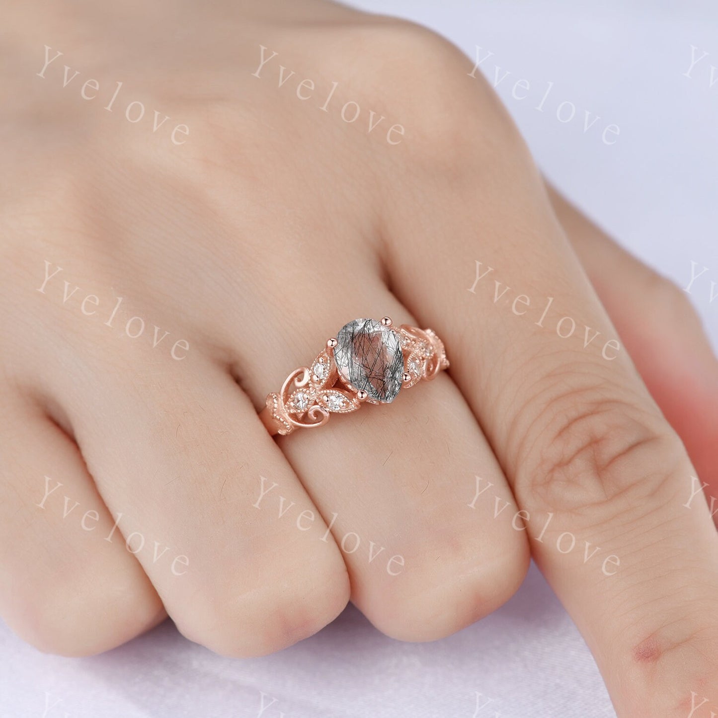 Pear cut black quartz rutilated  engagement Ring diamond ring rose gold wedding ring floral design wedding band milgrain women promise ring
