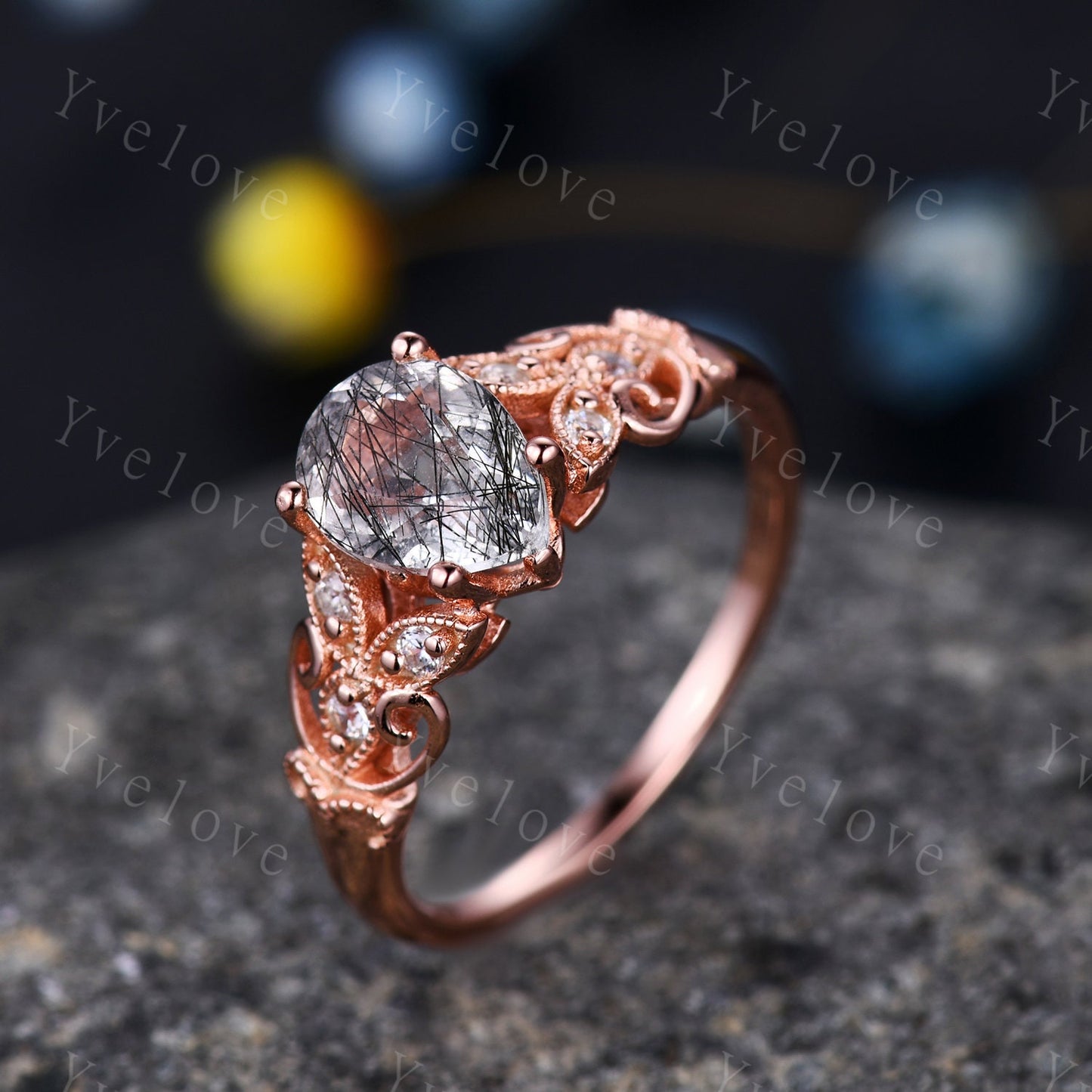 Pear cut black quartz rutilated  engagement Ring diamond ring rose gold wedding ring floral design wedding band milgrain women promise ring