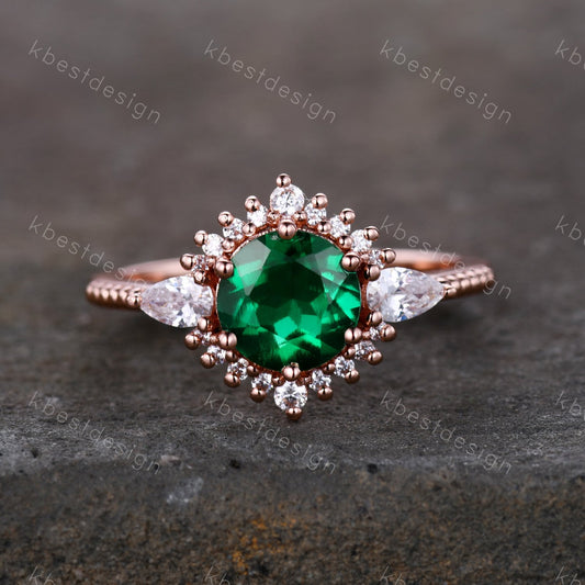 Emerald Ring, Vintage Emerald Engagement Ring, Rose Gold Emerald Ring, May Birthstone, Antique Promise Ring, Anniversary Gift For Her