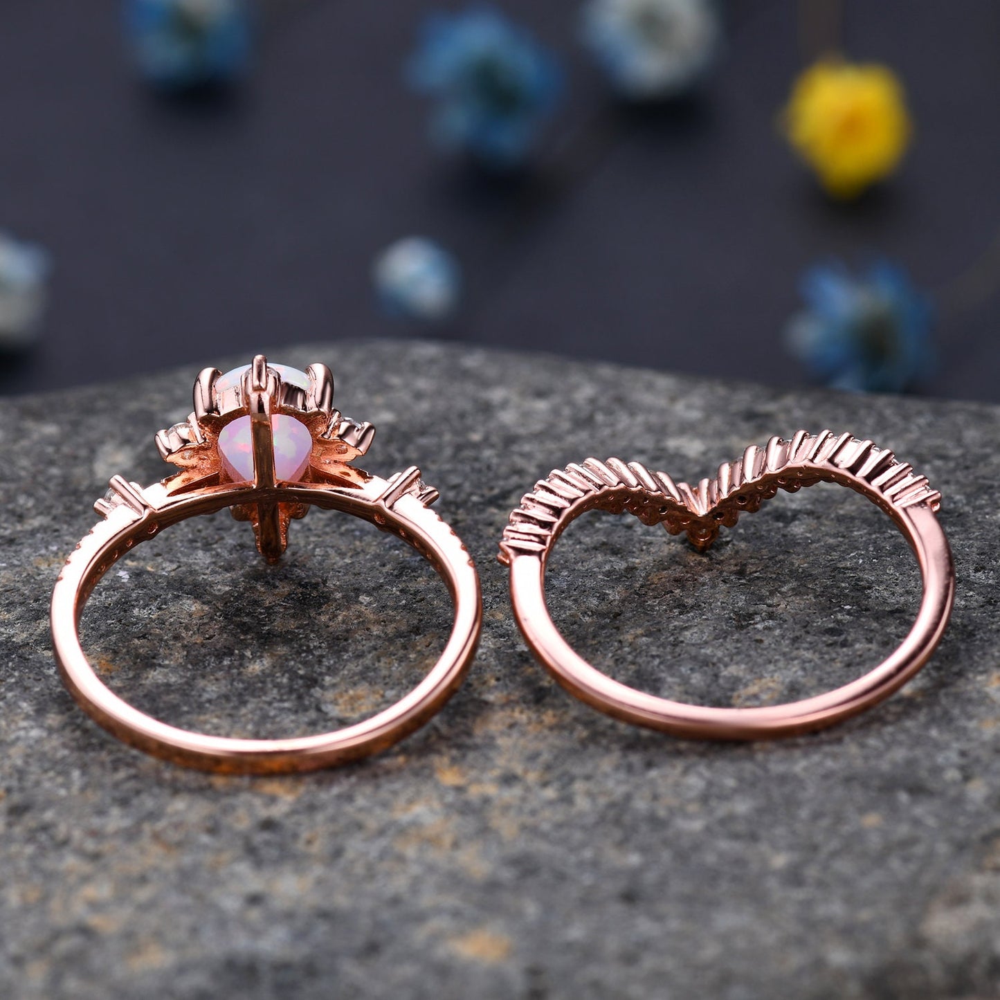 Pear Opal Ring White Fire Opal,Engagement Ring Set,Pear Opal Bridal Set ,Moissanite Half Eternity Band,14K Rose Gold,Opal October Birthstone