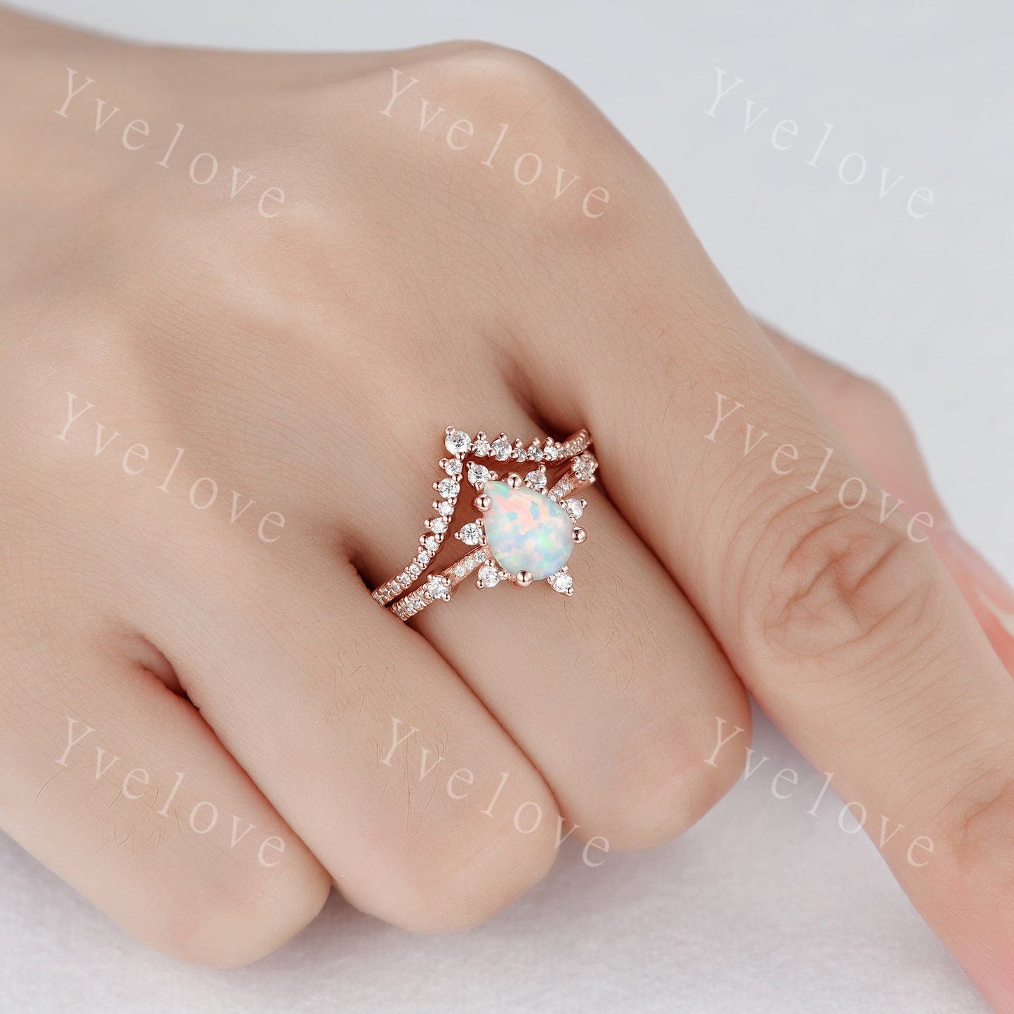 Pear Opal Ring White Fire Opal,Engagement Ring Set,Pear Opal Bridal Set ,Moissanite Half Eternity Band,14K Rose Gold,Opal October Birthstone