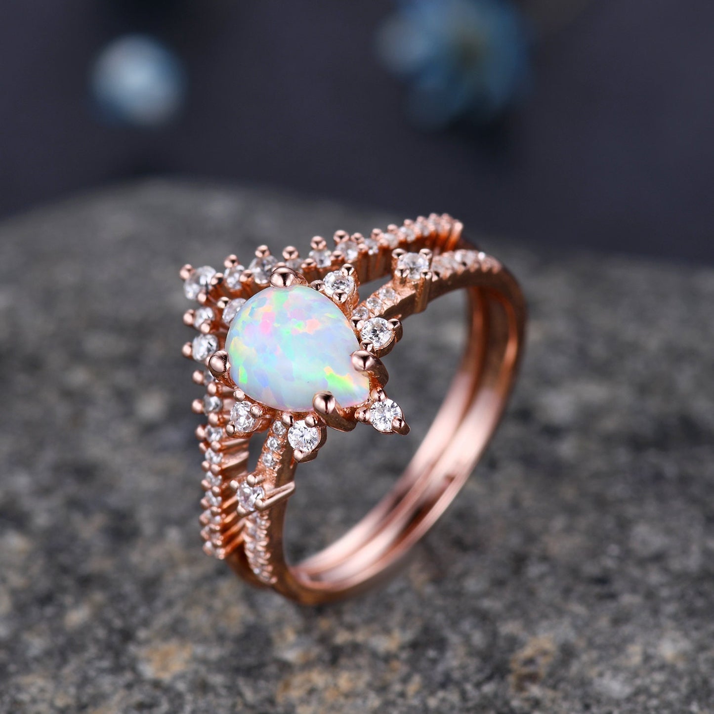 Pear Opal Ring White Fire Opal,Engagement Ring Set,Pear Opal Bridal Set ,Moissanite Half Eternity Band,14K Rose Gold,Opal October Birthstone