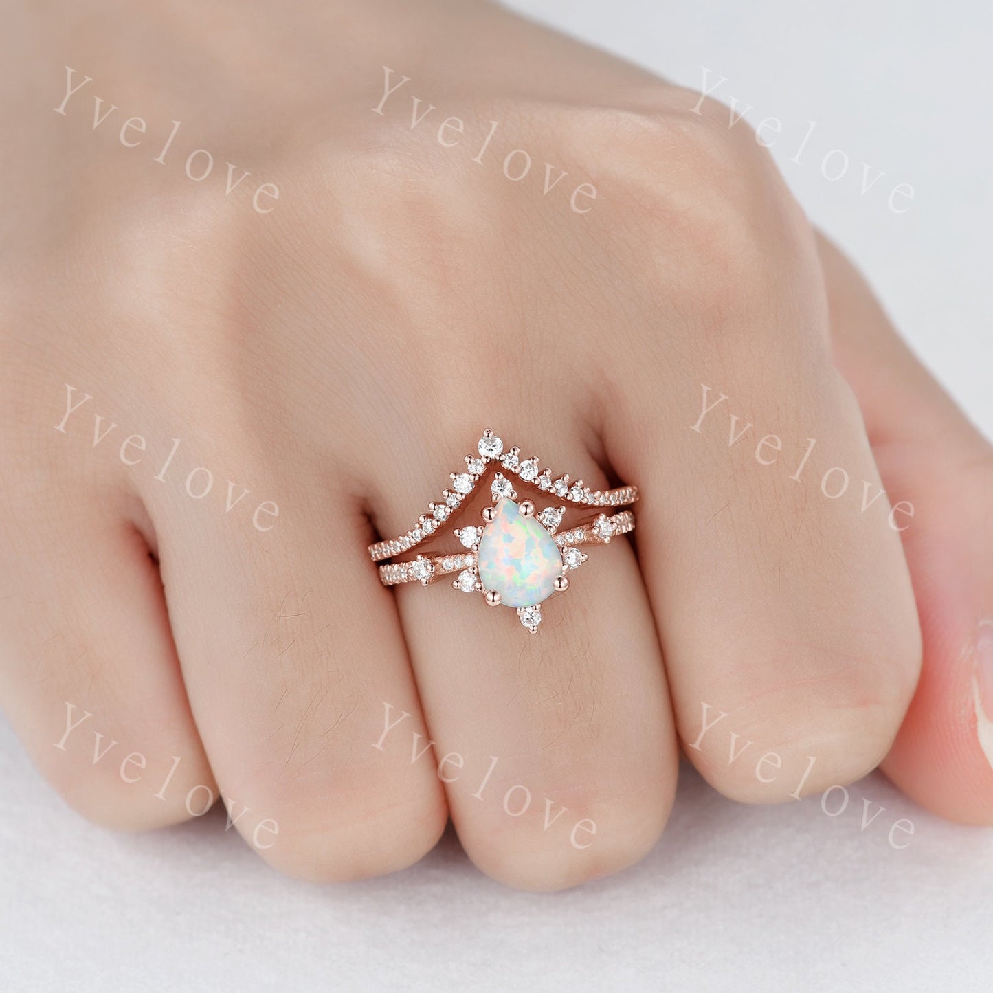 Pear Opal Ring White Fire Opal,Engagement Ring Set,Pear Opal Bridal Set ,Moissanite Half Eternity Band,14K Rose Gold,Opal October Birthstone