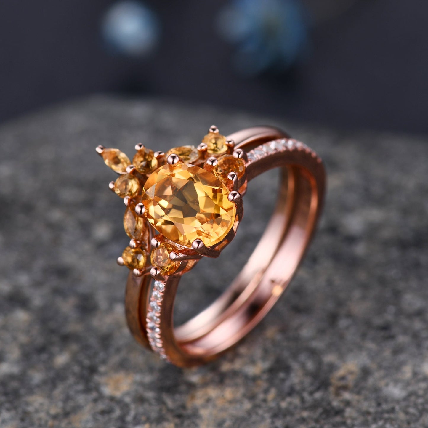 Citrine Engagement Ring Set, Citrine Wedding Ring Set, November Birthstone, Oval Cut Citrine, Eternity Diamond Wedding Band for Women Gift