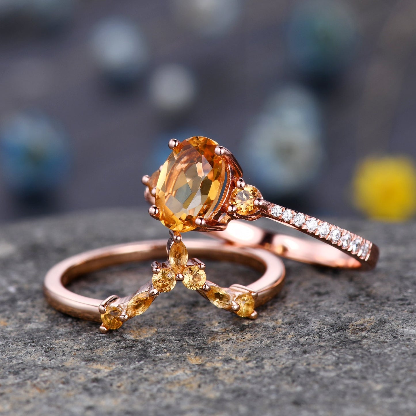 Citrine Engagement Ring Set, Citrine Wedding Ring Set, November Birthstone, Oval Cut Citrine, Eternity Diamond Wedding Band for Women Gift