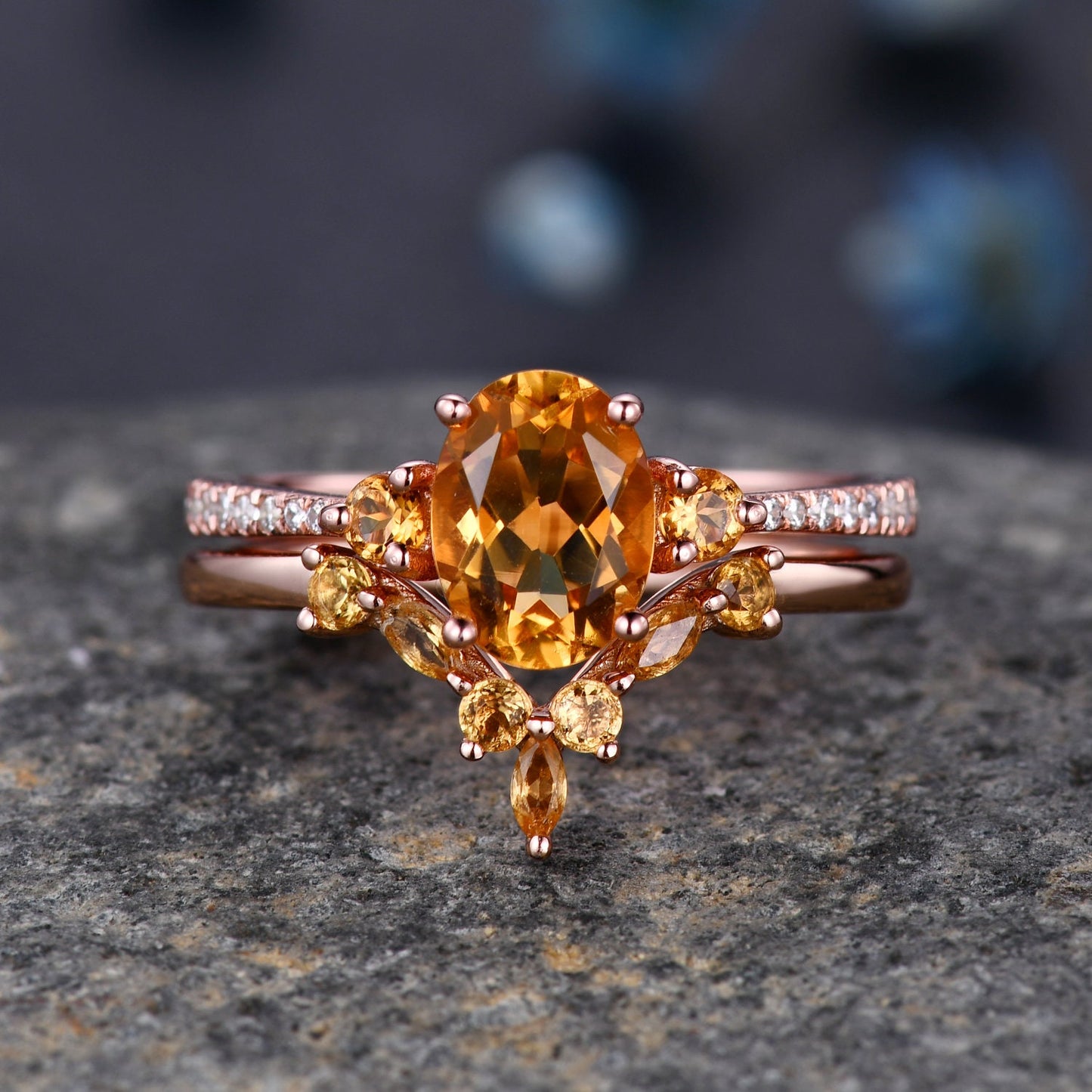 Citrine Engagement Ring Set, Citrine Wedding Ring Set, November Birthstone, Oval Cut Citrine, Eternity Diamond Wedding Band for Women Gift