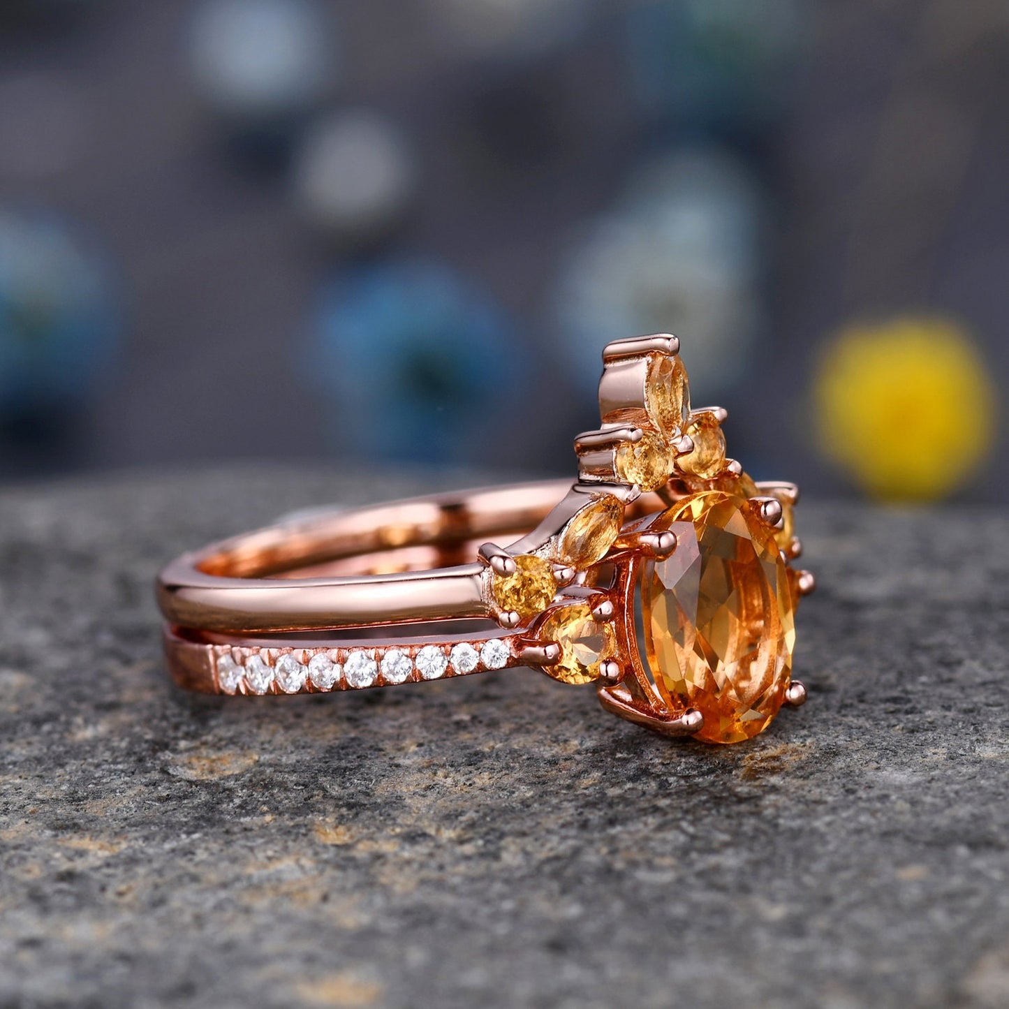 Citrine Engagement Ring Set, Citrine Wedding Ring Set, November Birthstone, Oval Cut Citrine, Eternity Diamond Wedding Band for Women Gift