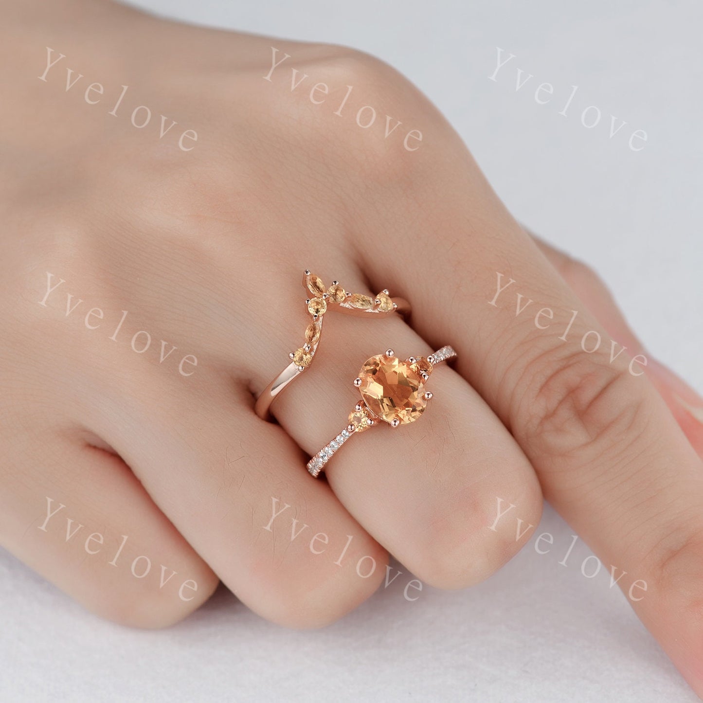 Citrine Engagement Ring Set, Citrine Wedding Ring Set, November Birthstone, Oval Cut Citrine, Eternity Diamond Wedding Band for Women Gift