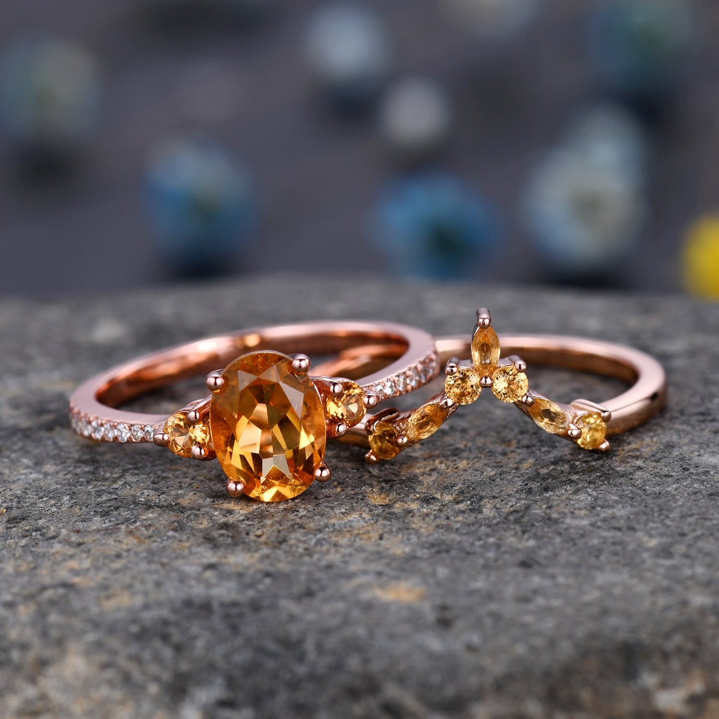 Citrine Engagement Ring Set, Citrine Wedding Ring Set, November Birthstone, Oval Cut Citrine, Eternity Diamond Wedding Band for Women Gift