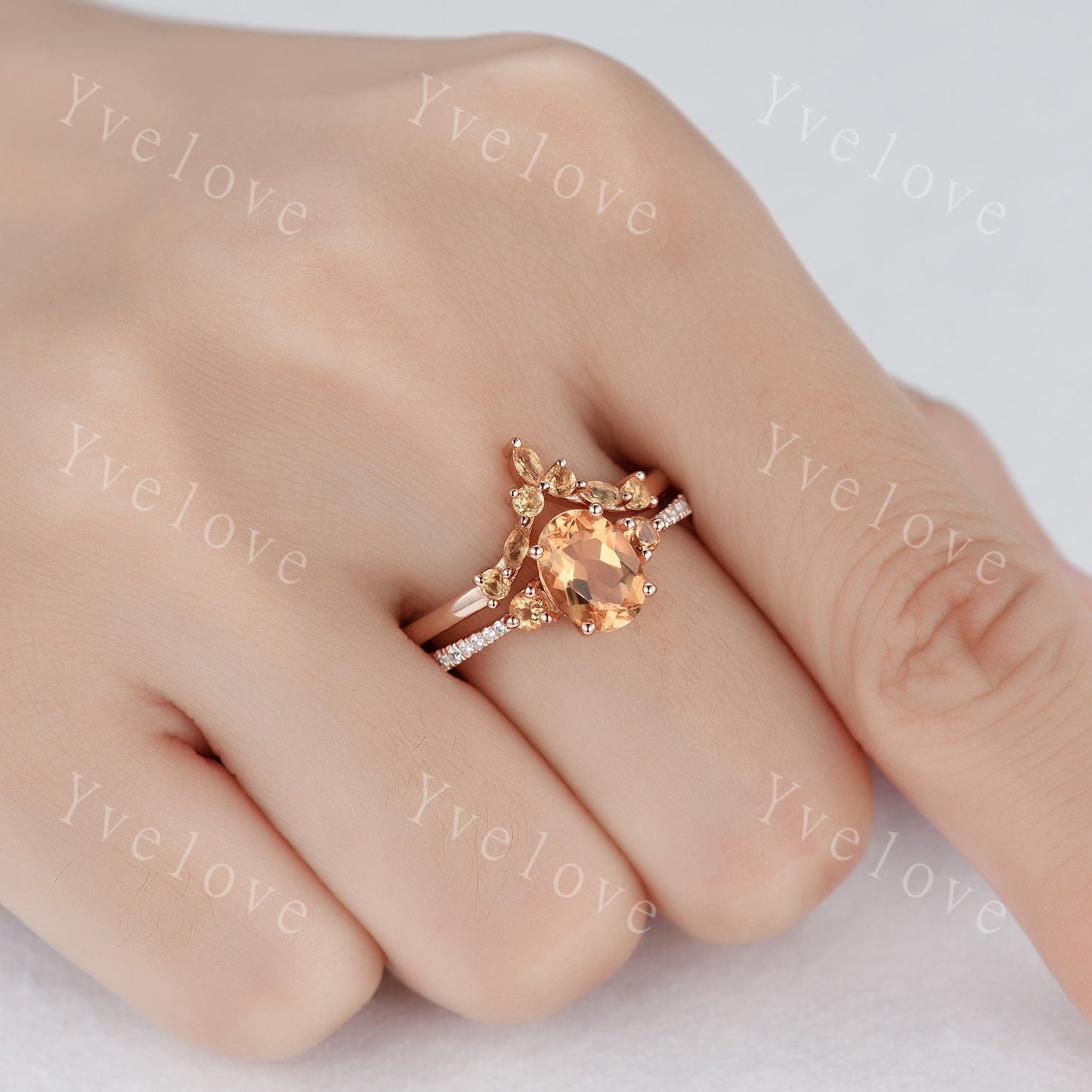 Citrine Engagement Ring Set, Citrine Wedding Ring Set, November Birthstone, Oval Cut Citrine, Eternity Diamond Wedding Band for Women Gift