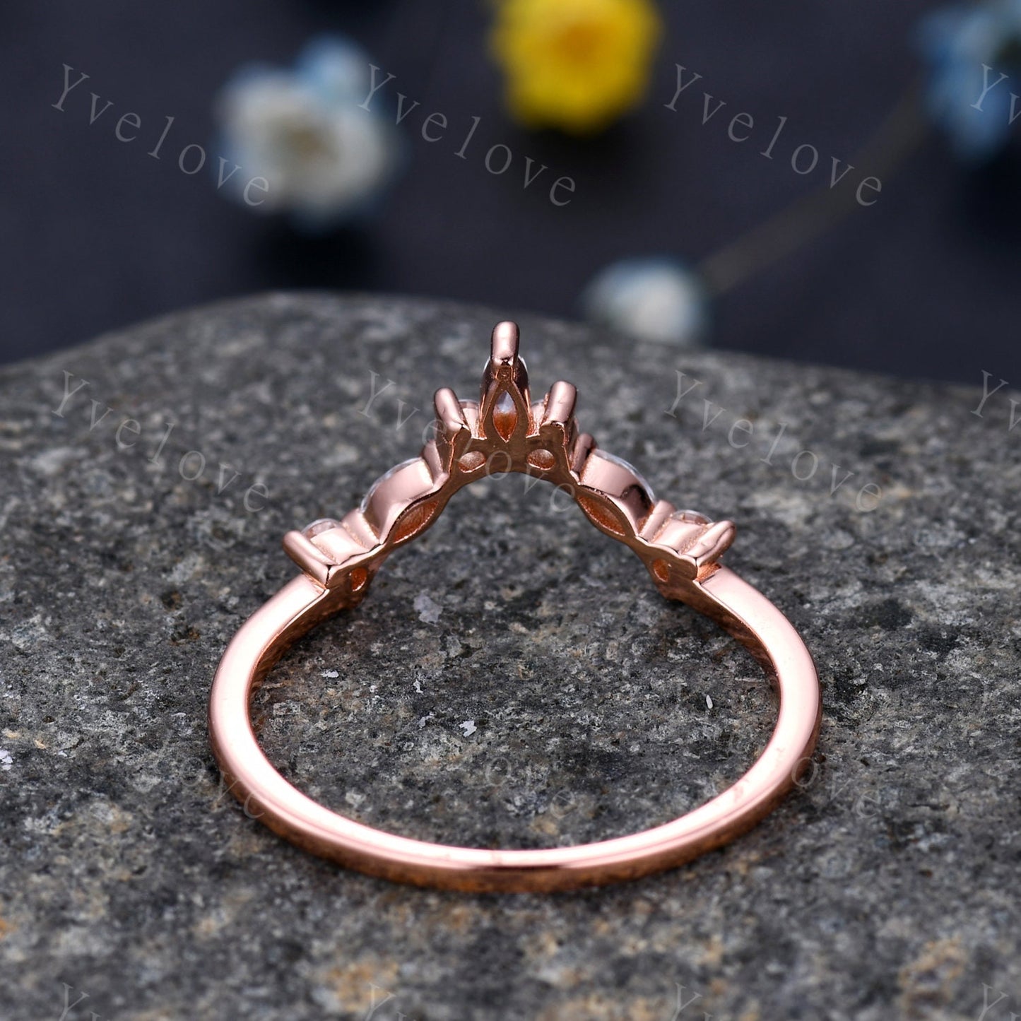 Curved shape stacking band moissanite wedding band 14k rose gold art deco marquise matching band forever classical stone customized