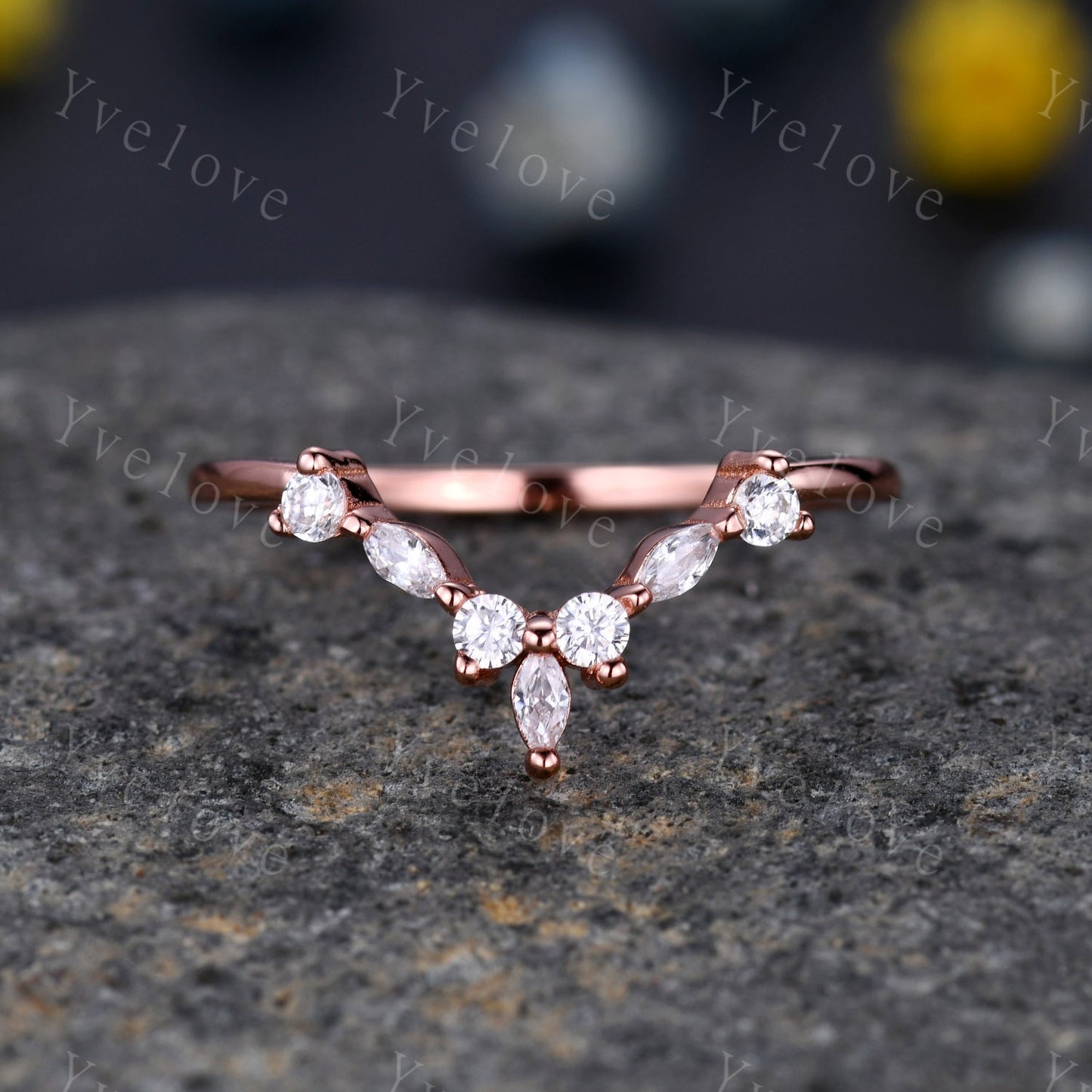 Curved shape stacking band moissanite wedding band 14k rose gold art deco marquise matching band forever classical stone customized