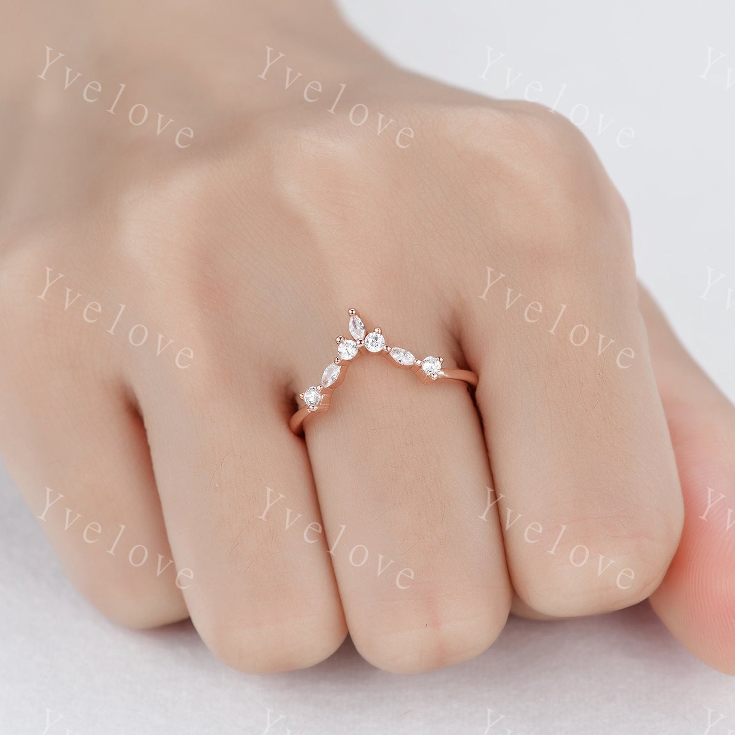 Curved shape stacking band moissanite wedding band 14k rose gold art deco marquise matching band forever classical stone customized