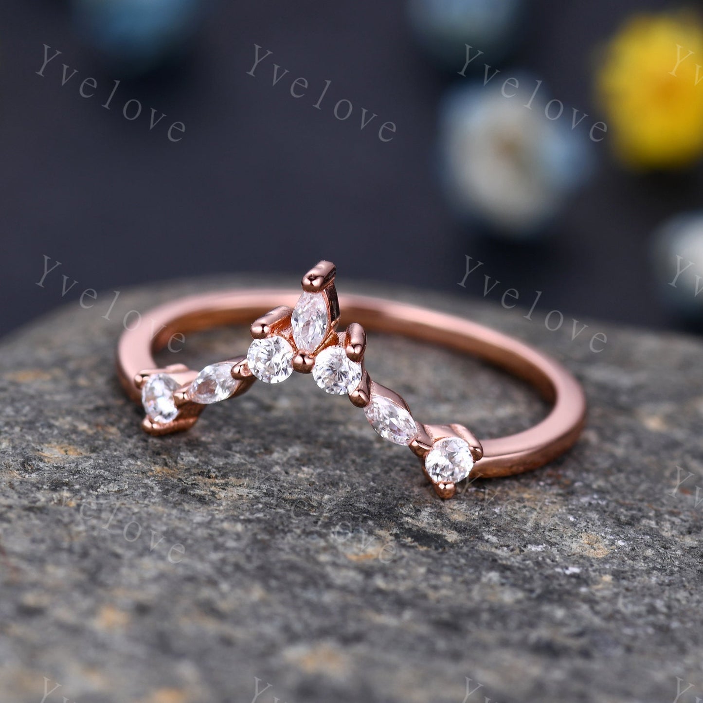 Curved shape stacking band moissanite wedding band 14k rose gold art deco marquise matching band forever classical stone customized