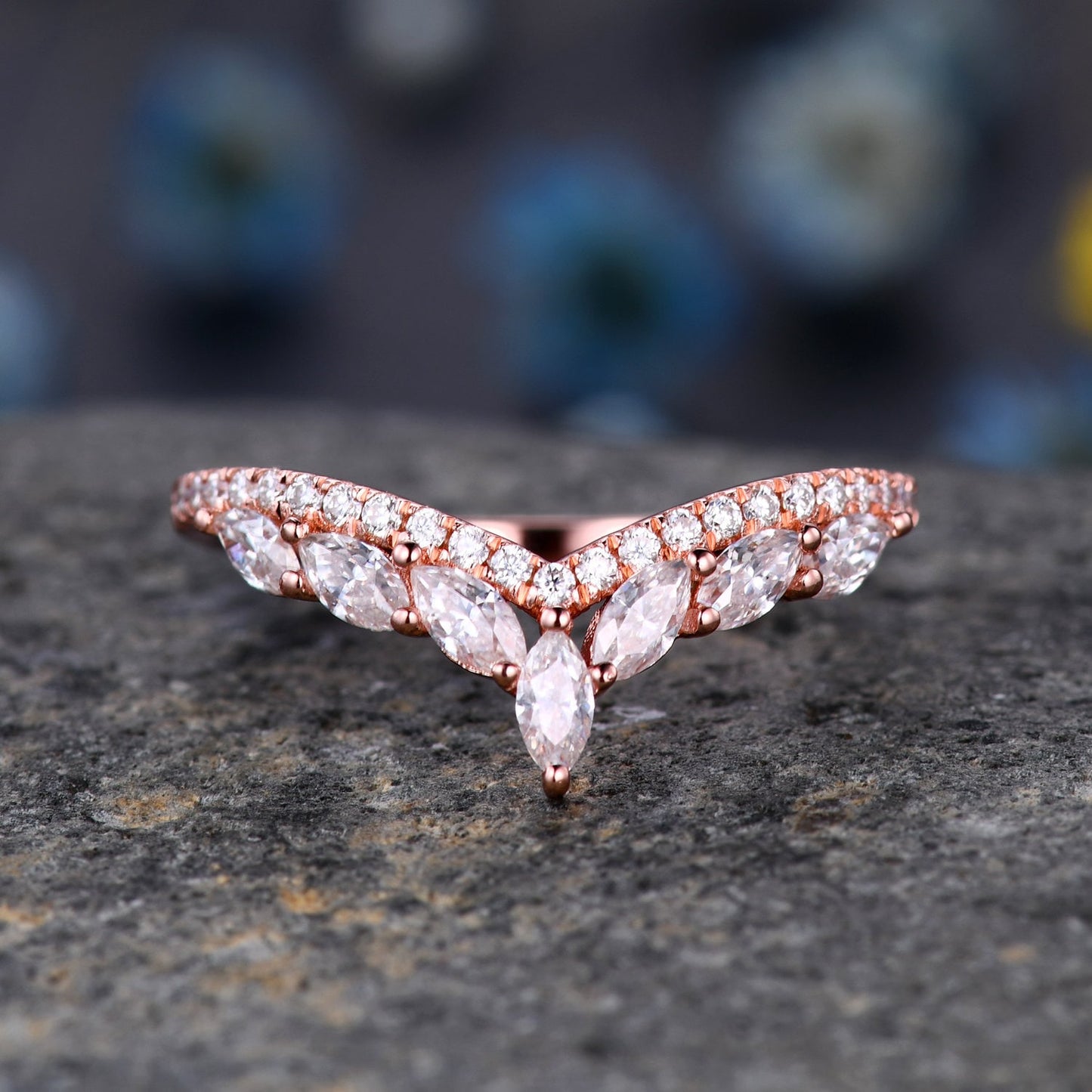Moissanite wedding band,Marquise Moissanite ring,Curved V stacking rings,Moissanite Ring,Unique Moissanite wedding ring,14k rose gold