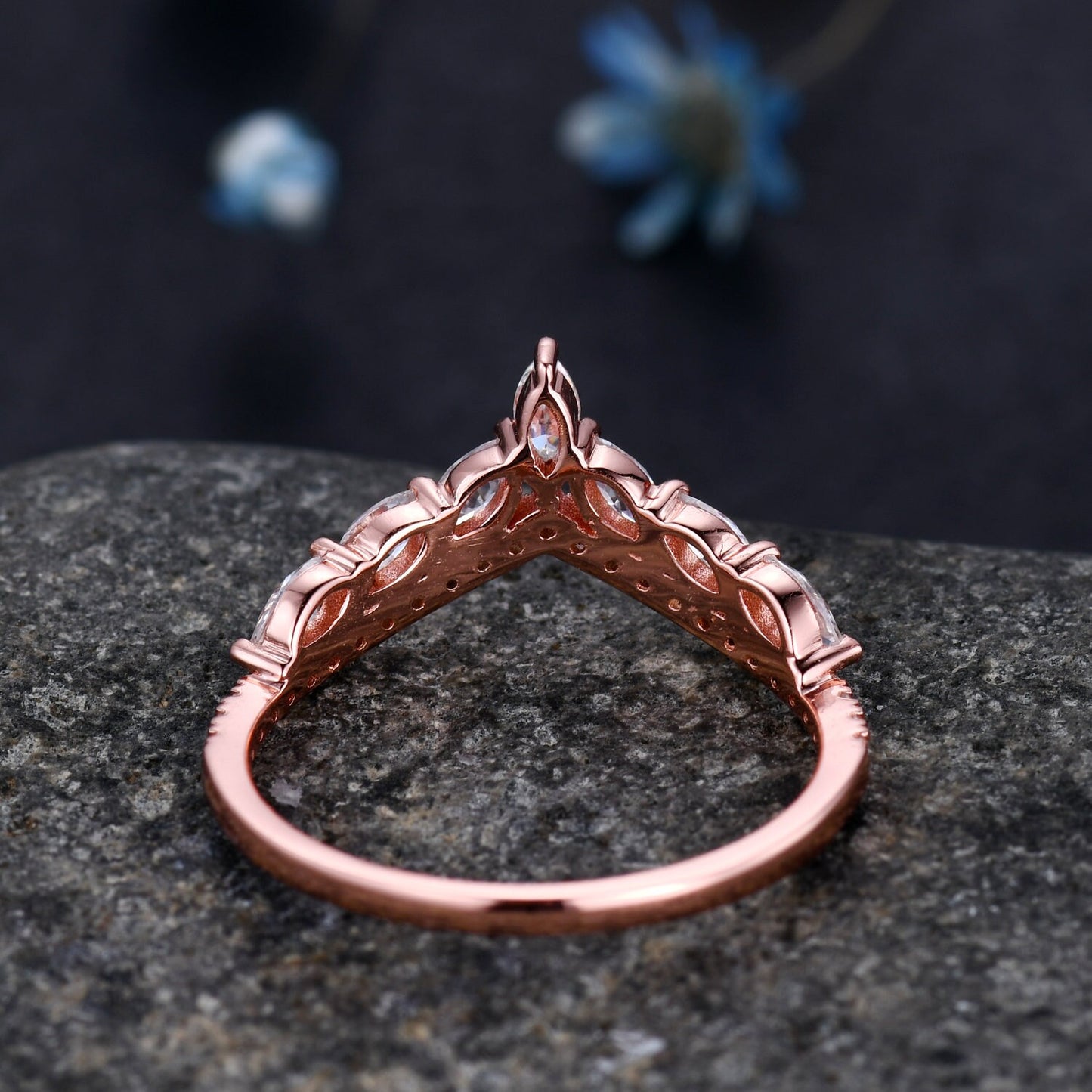 Moissanite wedding band,Marquise Moissanite ring,Curved V stacking rings,Moissanite Ring,Unique Moissanite wedding ring,14k rose gold