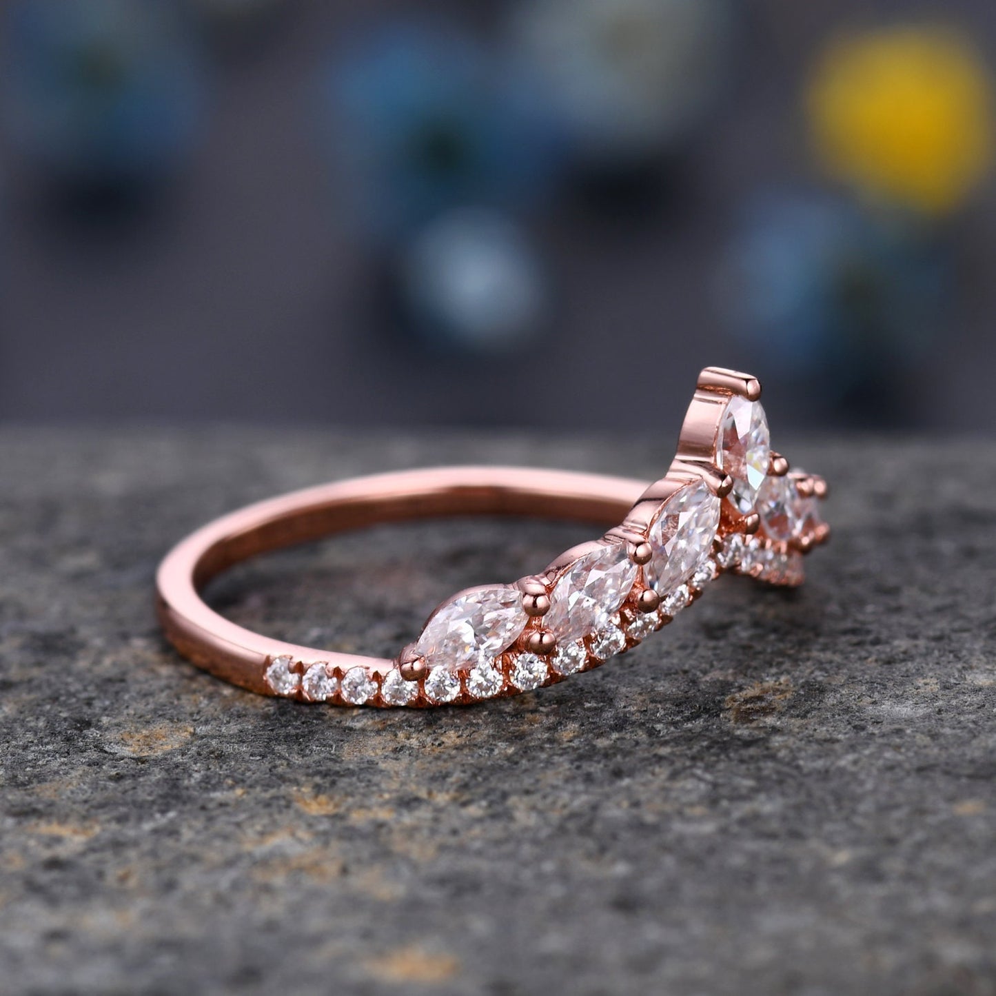 Moissanite wedding band,Marquise Moissanite ring,Curved V stacking rings,Moissanite Ring,Unique Moissanite wedding ring,14k rose gold