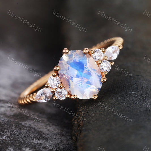 Vintage Moonstone Engagement Ring Art Deco Wedding Ring Unique Eternity Twist Band Yellow Gold Moonstone Ring Bridal Anniversary Ring