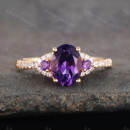 Natural Amethyst Ring, Purple Amethyst Engagement Ring, February Birthstone, Gemstone Ring, Anniversary Birthday Gift For Her, Yellow Gold