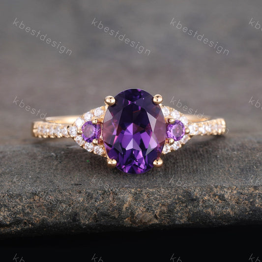 Natural Amethyst Ring, Purple Amethyst Engagement Ring, February Birthstone, Gemstone Ring, Anniversary Birthday Gift For Her, Yellow Gold