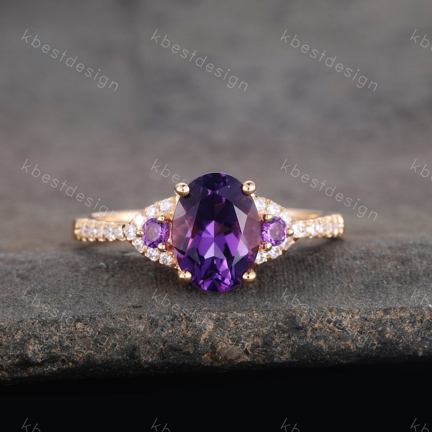 Natural Amethyst Ring, Purple Amethyst Engagement Ring, February Birthstone, Gemstone Ring, Anniversary Birthday Gift For Her, Yellow Gold