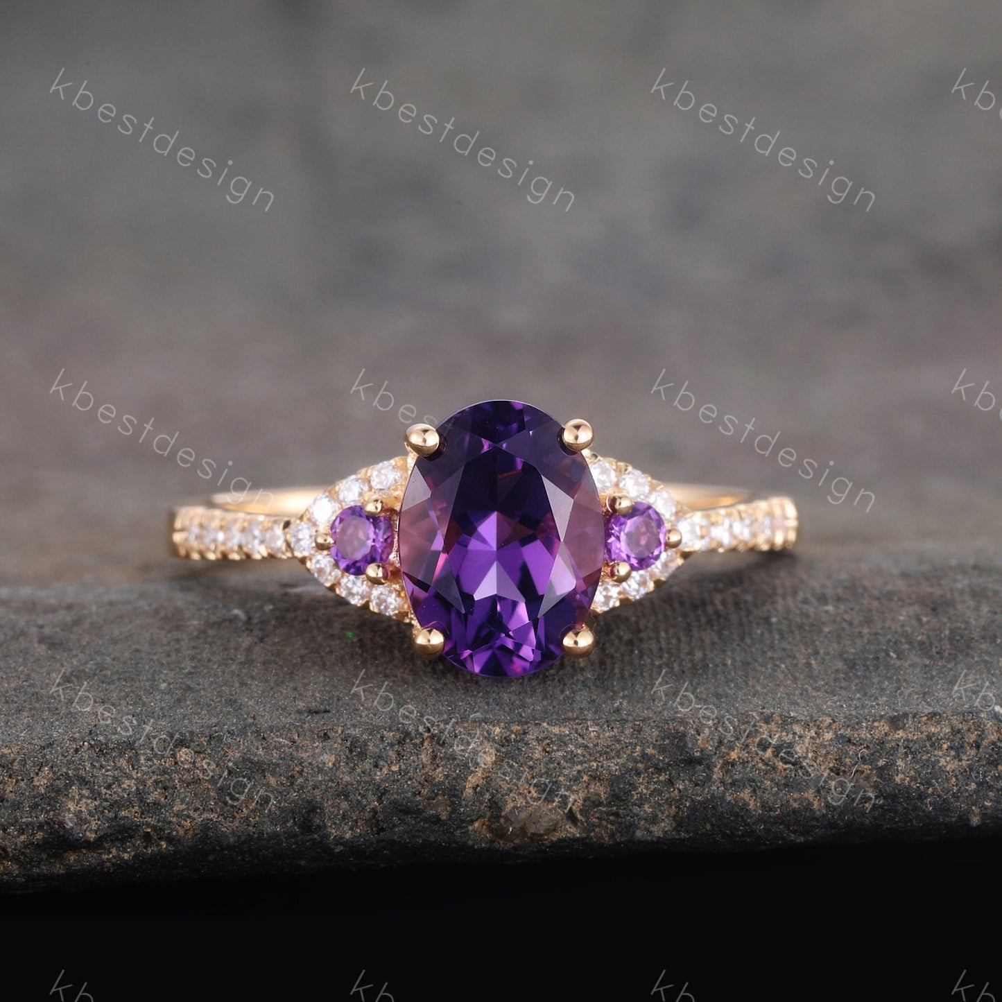Natural Amethyst Ring, Purple Amethyst Engagement Ring, February Birthstone, Gemstone Ring, Anniversary Birthday Gift For Her, Yellow Gold