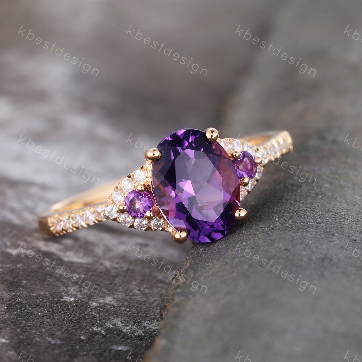 Natural Amethyst Ring, Purple Amethyst Engagement Ring, February Birthstone, Gemstone Ring, Anniversary Birthday Gift For Her, Yellow Gold