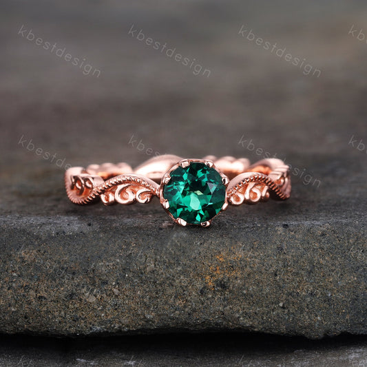 Emerald Ring, Vintage Round cut Emerald Engagement Ring, May Birthstone Ring, Rose Gold Emerald Ring, Art Deco Filigree Wedding Band