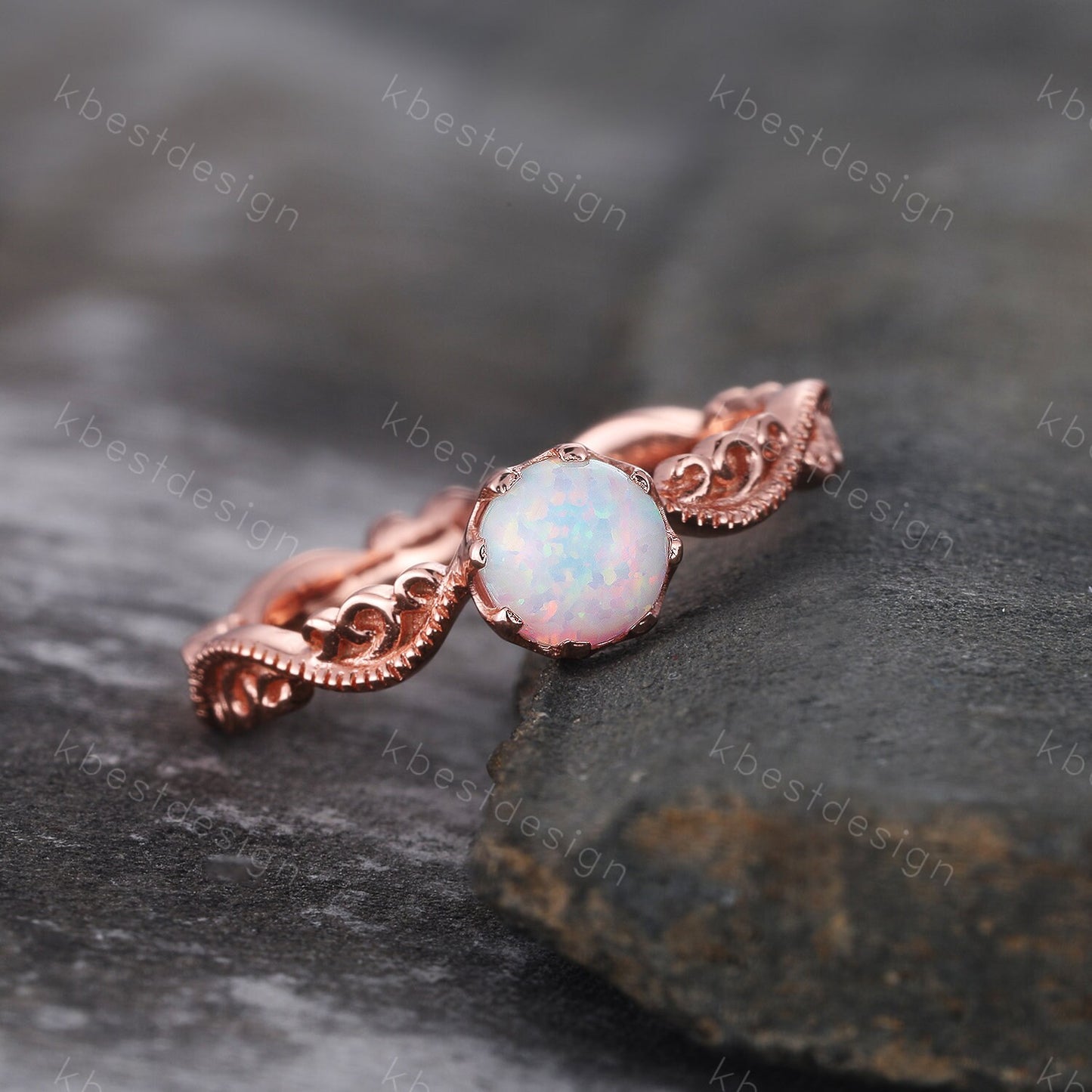 Opal Ring, Vintage Opal Engagement Ring, Round cut White Opal Ring, Rose Gold Opal Ring, Dainty Ring, October Birthstone, Promise Gift