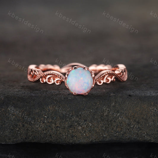 Opal Ring, Vintage Opal Engagement Ring, Round cut White Opal Ring, Rose Gold Opal Ring, Dainty Ring, October Birthstone, Promise Gift