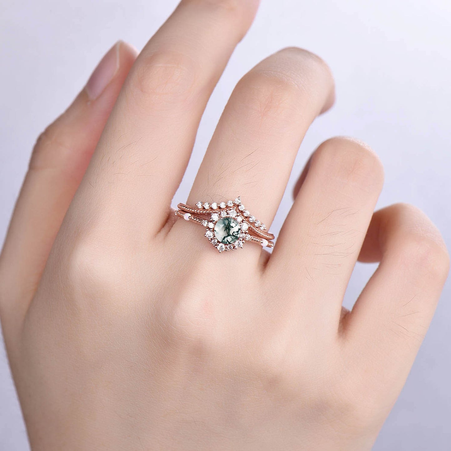 Vintage Moss Agate Engagement Ring Set Rose Gold Diamond Eternity Ring For Women Stacking Bridal Set Floral Halo Promise Anniversary Gift