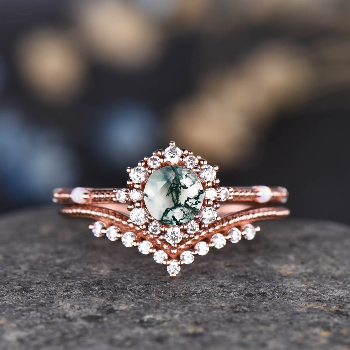 Danity Moss Agate Engagement Ring Rose Gold Diamond Eternity Ring For Women Stacking Bridal Ring Floral Halo Promise Anniversary Gift