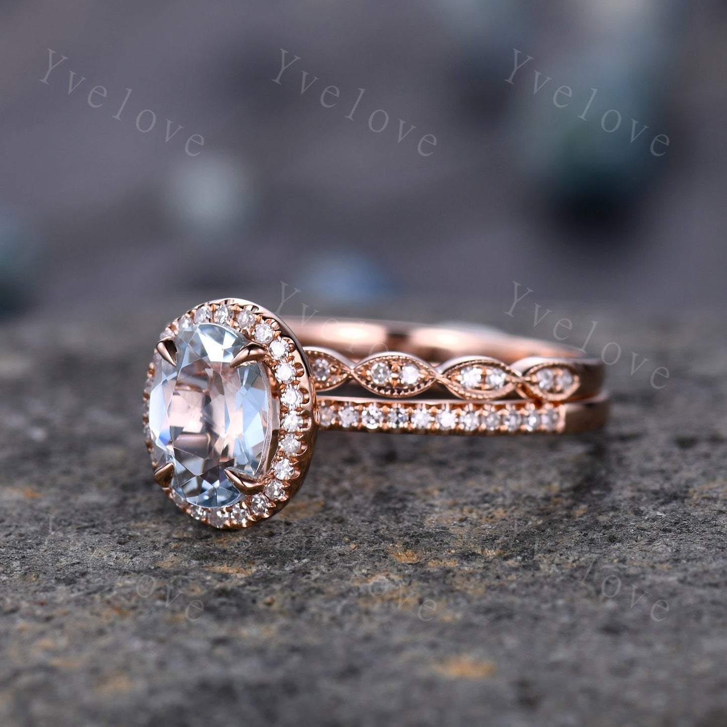 Aquamarine ring set Aquamarine engagement ring diamond ring 6x8mm oval cut natural gemstone milgrain diamond wedding band 14k rose gold