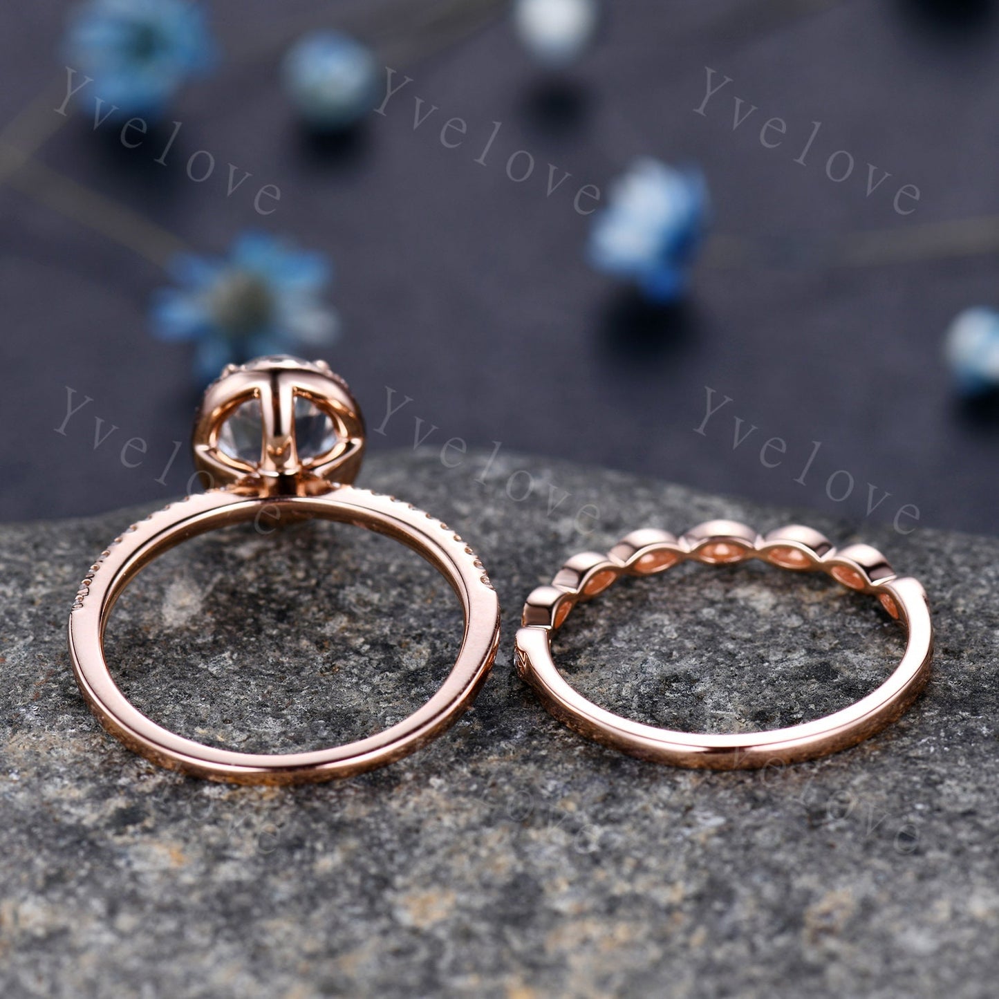 Aquamarine ring set Aquamarine engagement ring diamond ring 6x8mm oval cut natural gemstone milgrain diamond wedding band 14k rose gold