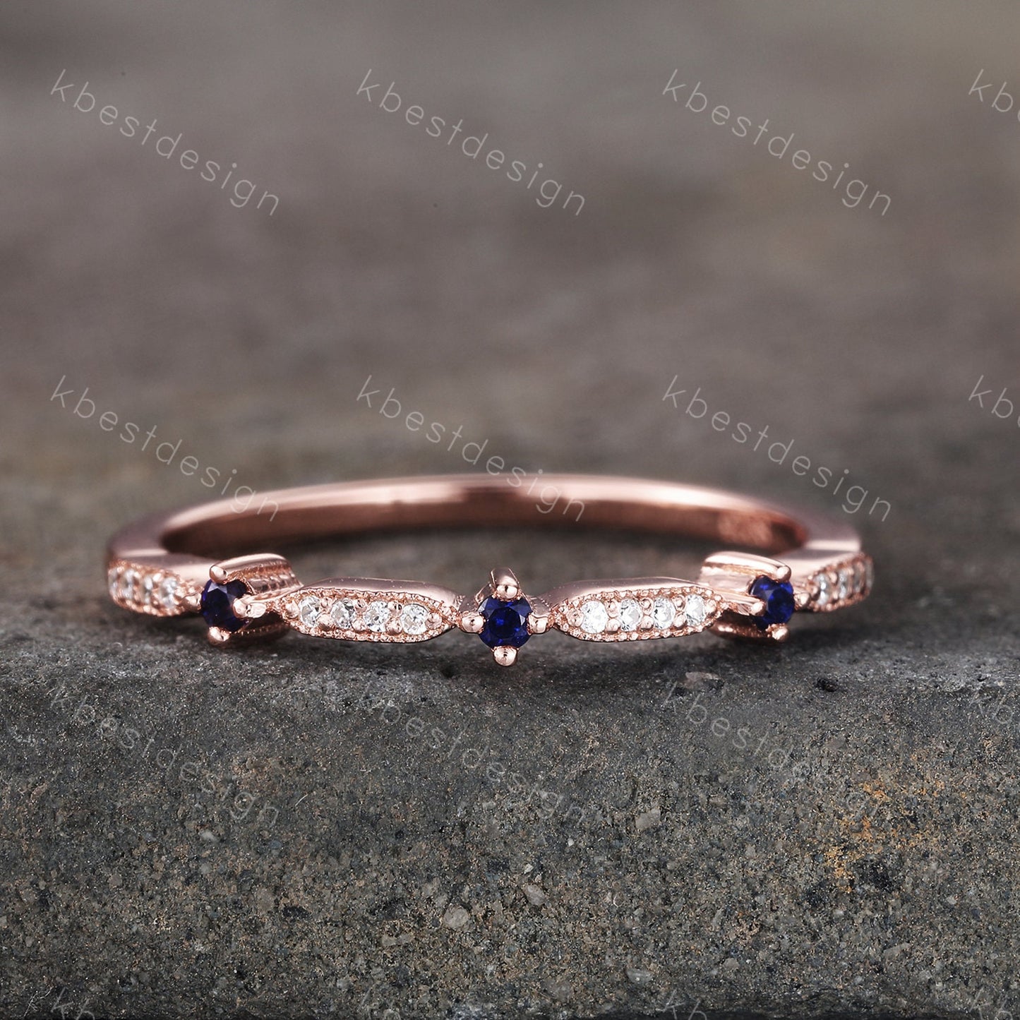 Dainty Sapphire Wedding Band Art Deco CZ Cubic Zirconia Minimalist Band Rose Gold Ring for Women Half Eternity Wedding Band Gift for Her