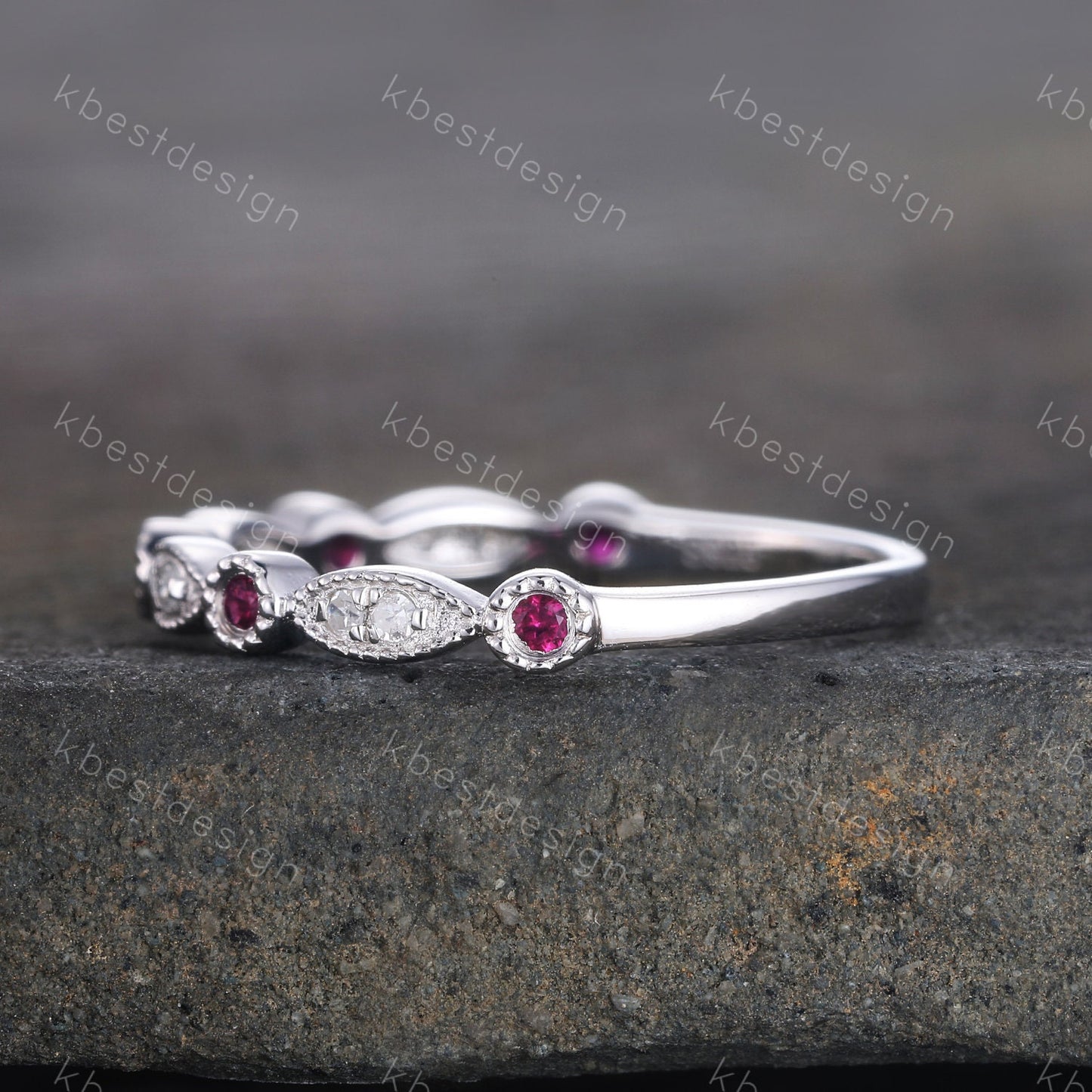 Art Deco Simulated Diamond CZ Wedding Band Half Eternity Ruby Diamond Wedding Band Stacking Ring 925 Sterling Silver