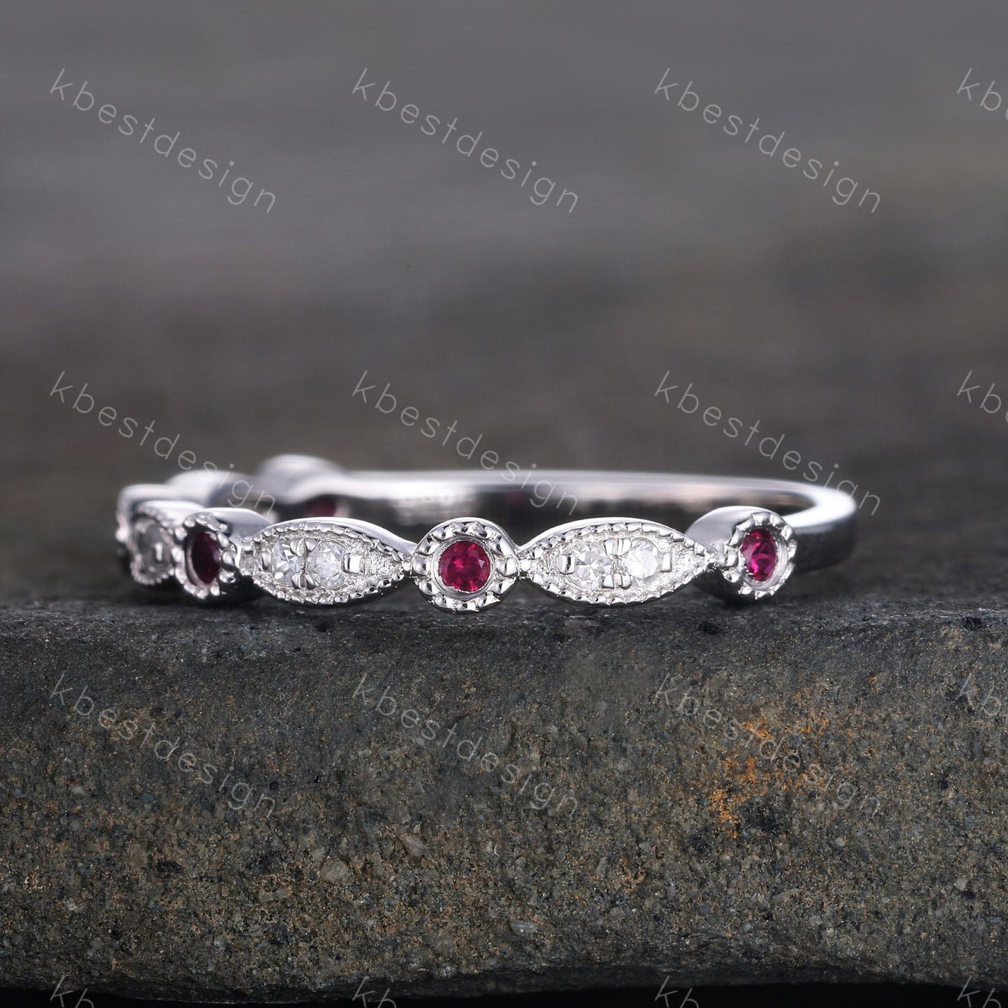 Art Deco Simulated Diamond CZ Wedding Band Half Eternity Ruby Diamond Wedding Band Stacking Ring 925 Sterling Silver