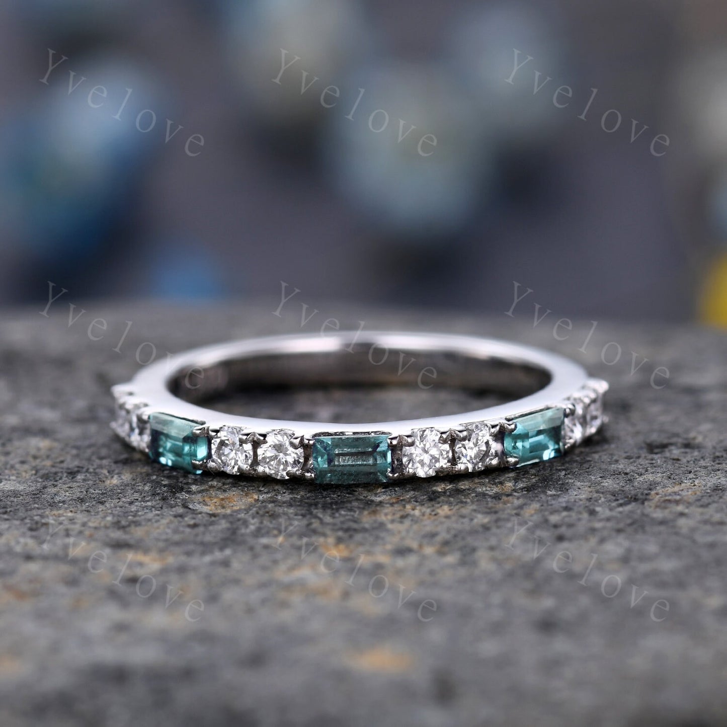 Baguette Cut Alexandrite and Diamond Wedding Ring  Half Eternity Band Stacking Match Ring 14K White Gold Anniversary Gift For Her Customized