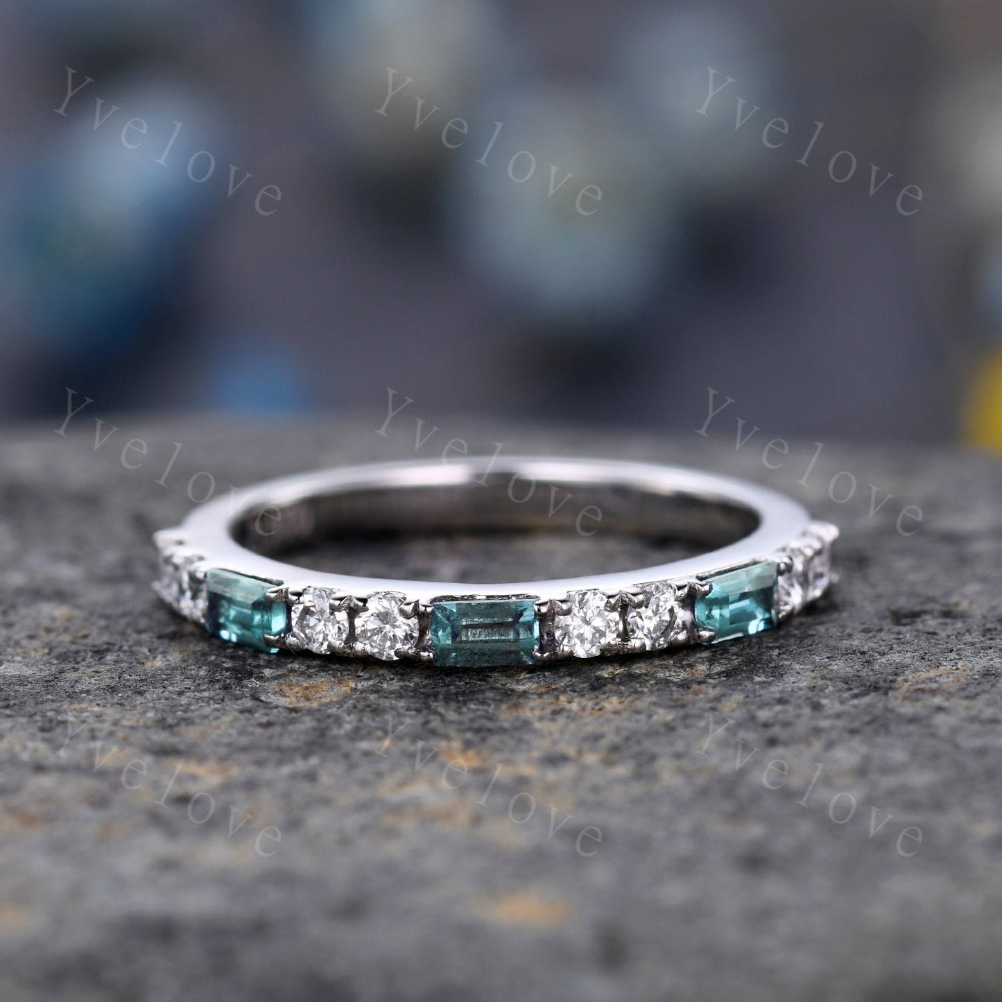 Baguette Cut Moss Agate and Diamond Wedding Ring Half Eternity Band Stacking Match Ring 14K White Gold Anniversary Gift For Her Customized