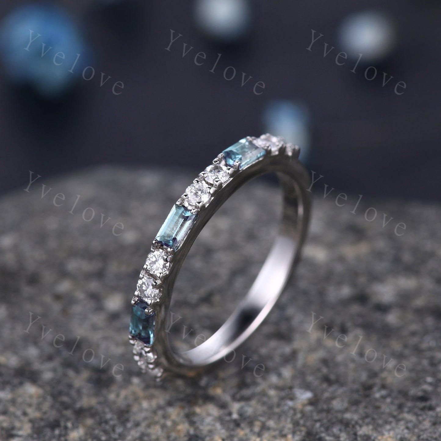 Baguette Cut Alexandrite and Diamond Wedding Ring  Half Eternity Band Stacking Match Ring 14K White Gold Anniversary Gift For Her Customized