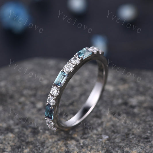 Baguette Cut Alexandrite and Diamond Wedding Ring  Half Eternity Band Stacking Match Ring 14K White Gold Anniversary Gift For Her Customized