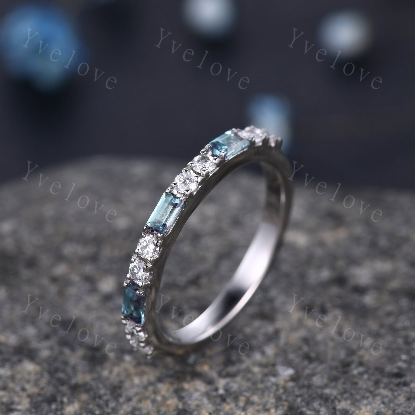 Baguette Cut Moss Agate and Diamond Wedding Ring Half Eternity Band Stacking Match Ring 14K White Gold Anniversary Gift For Her Customized