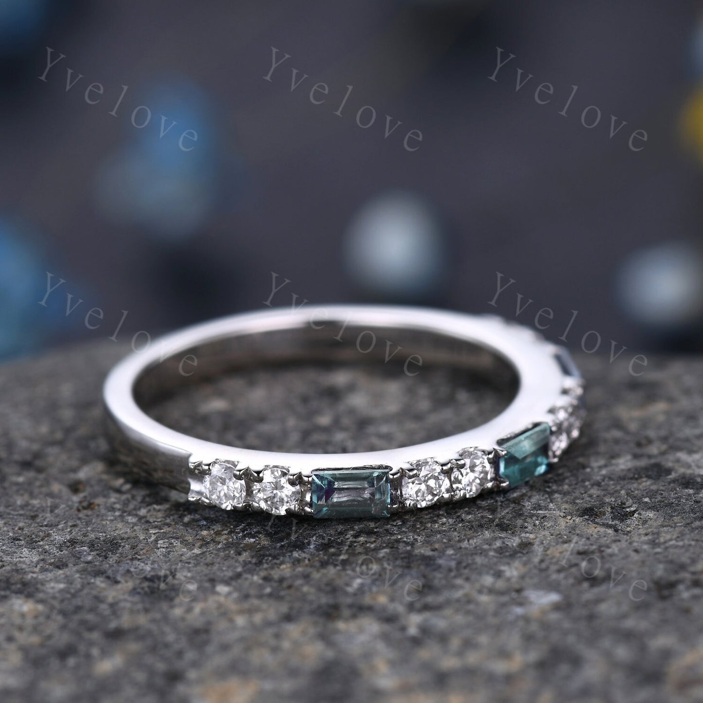Baguette Cut Alexandrite and Diamond Wedding Ring  Half Eternity Band Stacking Match Ring 14K White Gold Anniversary Gift For Her Customized