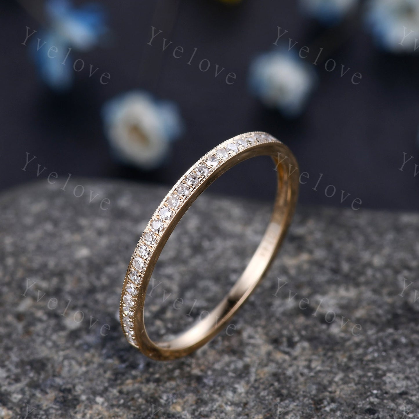 14k yellow gold diamond wedding band half eternity stacking matching band milgrain style pave set natural diamond anniversary ring