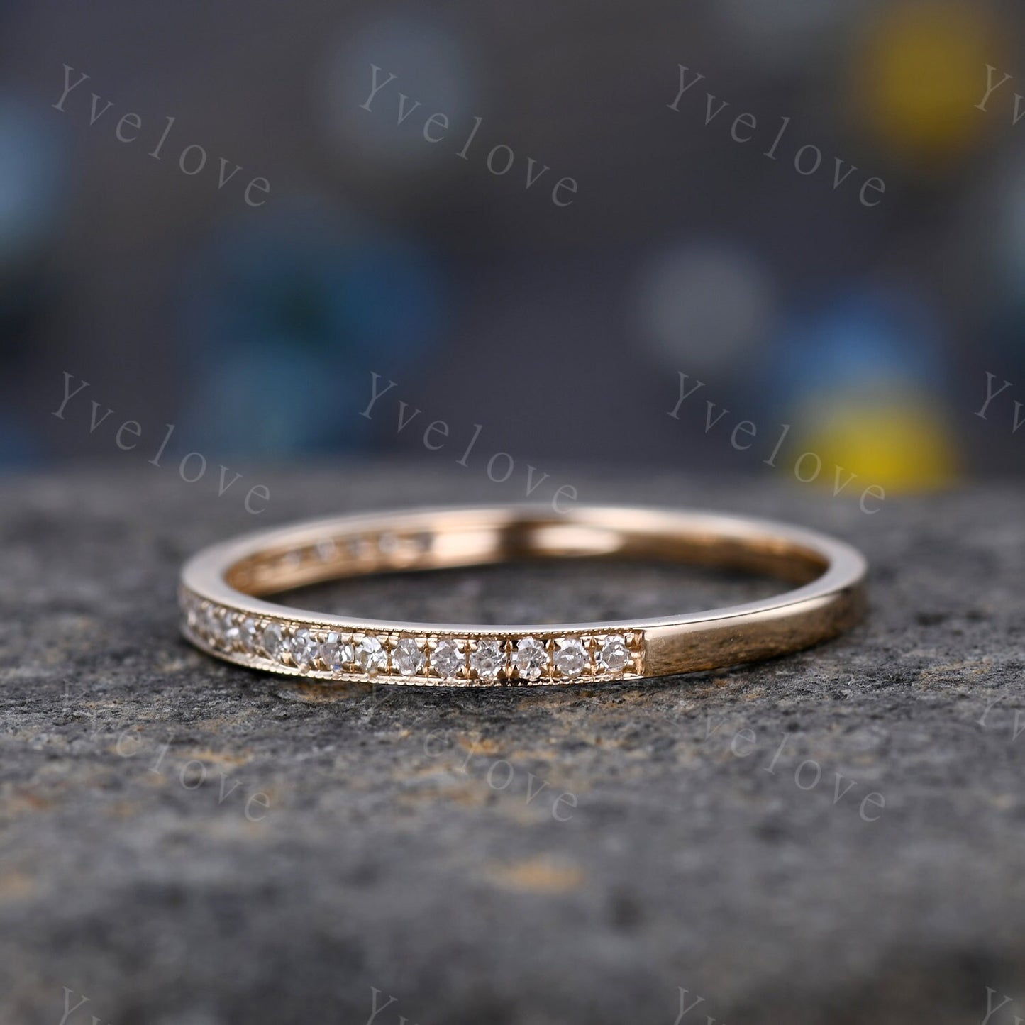 14k yellow gold diamond wedding band half eternity stacking matching band milgrain style pave set natural diamond anniversary ring