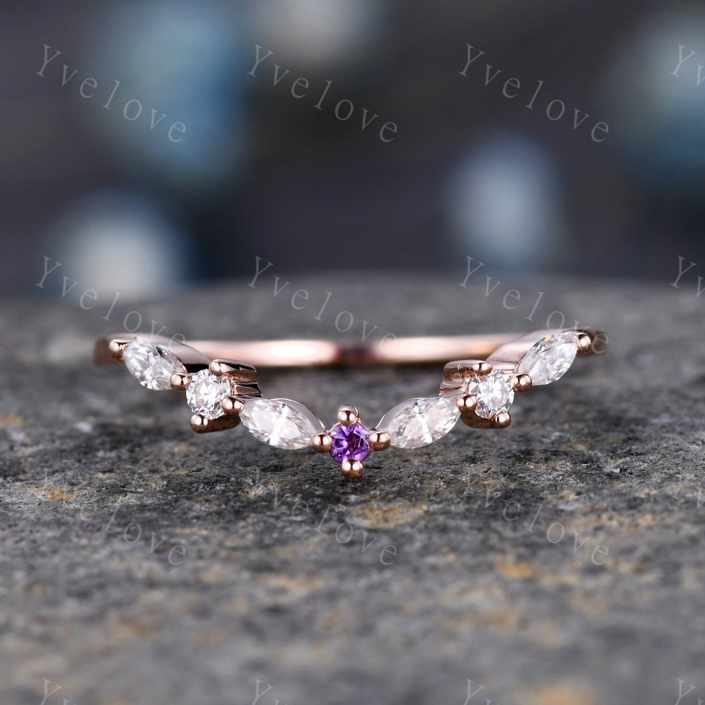 Natural Amethyst Matching Band Curved shape stacking band diamond wedding ring 14k rose gold art deco marquise matching band customized gift