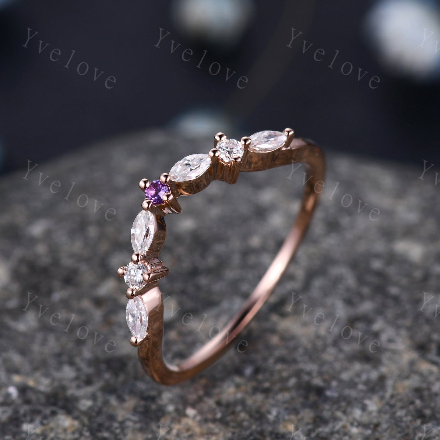 Natural Amethyst Matching Band Curved shape stacking band diamond wedding ring 14k rose gold art deco marquise matching band customized gift