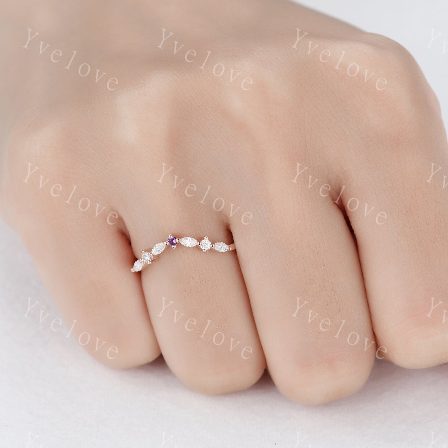 Natural Amethyst Matching Band Curved shape stacking band diamond wedding ring 14k rose gold art deco marquise matching band customized gift