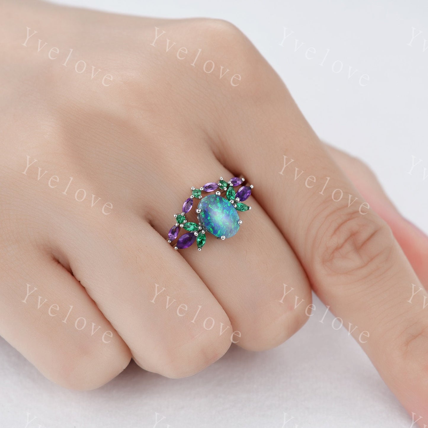 Natural Blue Opal Wedding Ring Set Oval Opal Engagement Ring White Gold Wedding Ring Emerald Amethyst  Promise Jewelry Anniversary Gift